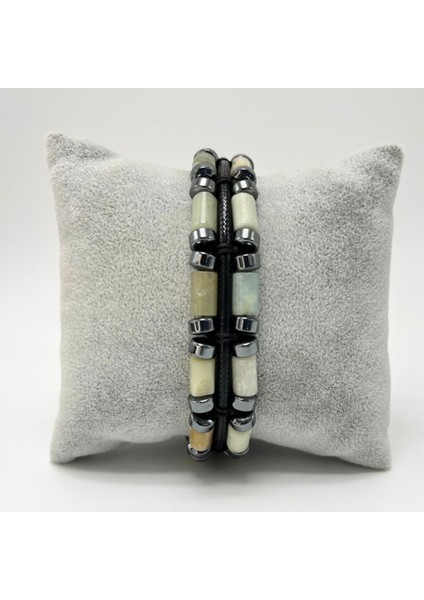 Sertifikalı Amazonit ve Hematit Makrome Doğal Taş Deri Erkek Bileklik fiyatları