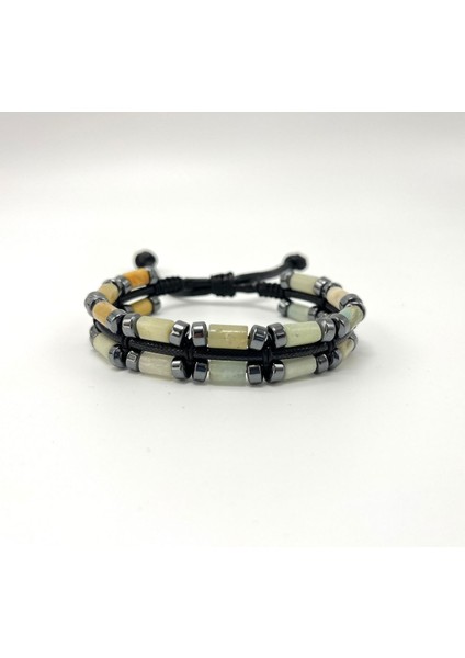 Sertifikalı Amazonit ve Hematit Makrome Doğal Taş Deri Erkek Bileklik modelleri