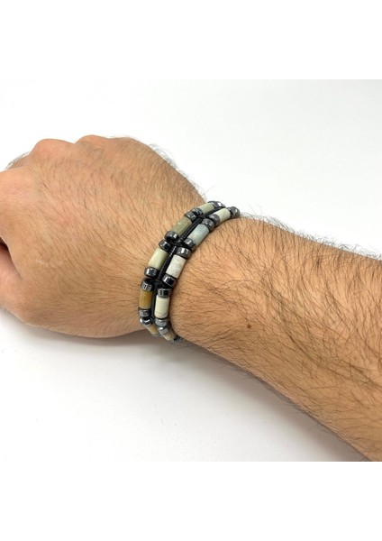 Sertifikalı Amazonit ve Hematit Makrome Doğal Taş Deri Erkek Bileklik fırsatları