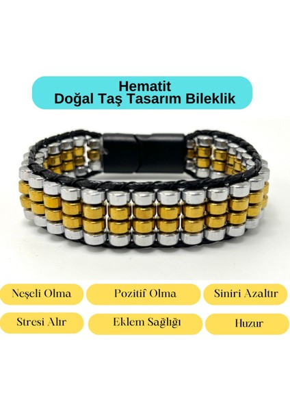Sertifikalı Hematit Doğal Taş Tasarım Erkek Bileklik Gümüş ve Gold Renk indirimleri