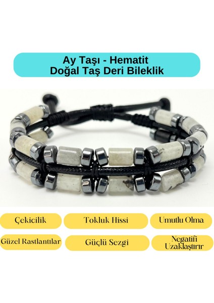 Sertifikalı Ay Taşı ve Hematit Makrome Doğal Taş Deri Erkek Bileklik indirimleri