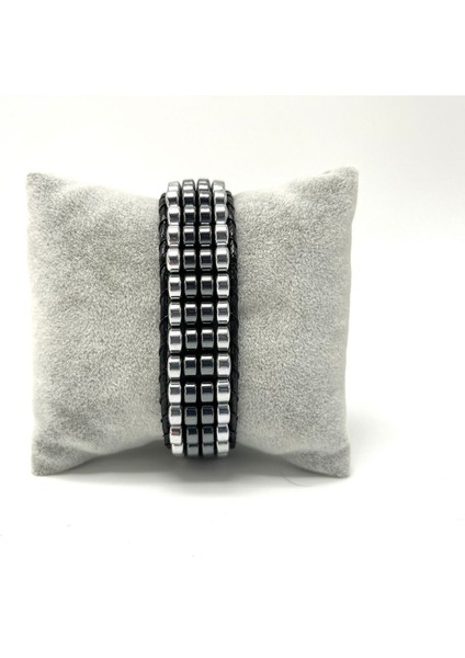 Sertifikalı Hematit Doğal Taş Tasarım Erkek Bileklik Gümüş ve Siyah Renk modelleri