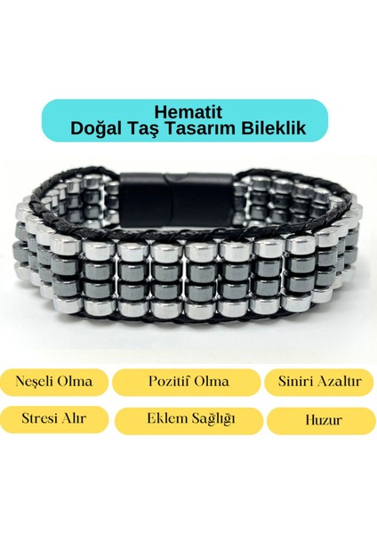 Sertifikalı Hematit Doğal Taş Tasarım Erkek Bileklik Gümüş ve Siyah Renk indirimleri
