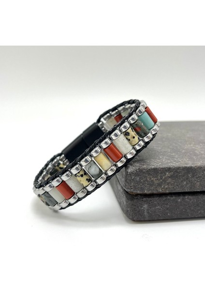 Sertifikalı Jasper Kan T. Ay T. Amazonit Hematit Silindir Kesim Kilitli Doğal Taş Erkek Bileklik