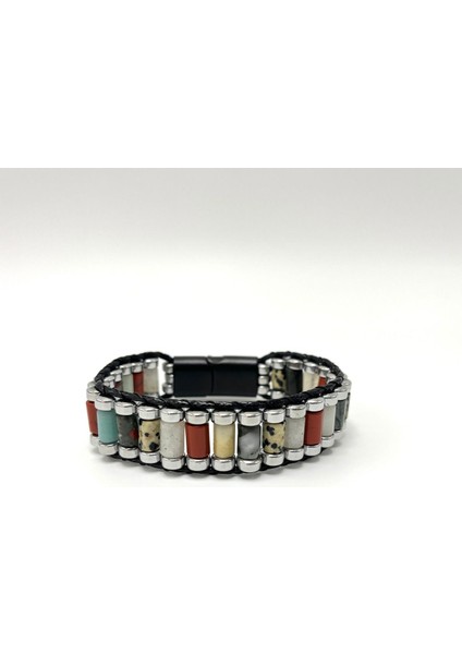 Sertifikalı Jasper Kan T. Ay T. Amazonit Hematit Silindir Kesim Kilitli Doğal Taş Erkek Bileklik modelleri