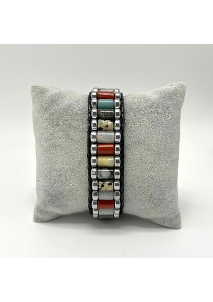 Sertifikalı Jasper Kan T. Ay T. Amazonit Hematit Silindir Kesim Kilitli Doğal Taş Erkek Bileklik fırsatları