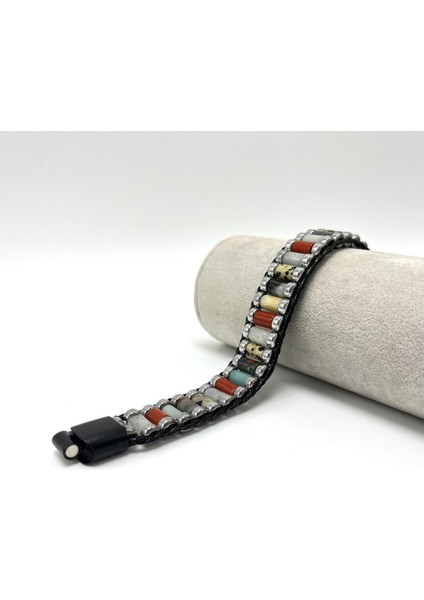 Sertifikalı Jasper Kan T. Ay T. Amazonit Hematit Silindir Kesim Kilitli Doğal Taş Erkek Bileklik indirimleri