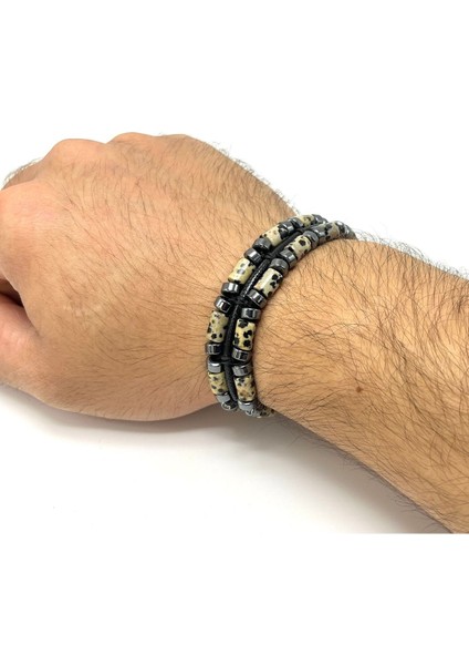 Sertifikalı Dalmaçyalı Jasper ve Hematit Makrome Doğal Taş Deri Erkek Bileklik fırsatları