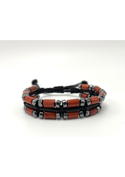 Sertifikalı Kırmızı Jasper ve Hematit Makrome Doğal Taş Deri Erkek Bileklik fiyatları