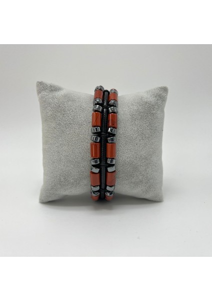 Sertifikalı Kırmızı Jasper ve Hematit Makrome Doğal Taş Deri Erkek Bileklik modelleri