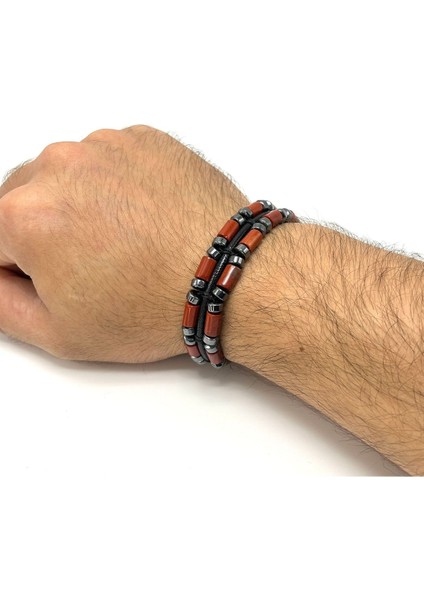 Sertifikalı Kırmızı Jasper ve Hematit Makrome Doğal Taş Deri Erkek Bileklik fırsatları