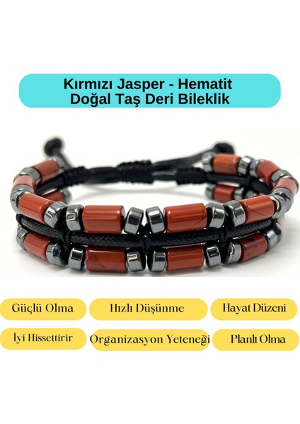 Sertifikalı Kırmızı Jasper ve Hematit Makrome Doğal Taş Deri Erkek Bileklik indirimleri