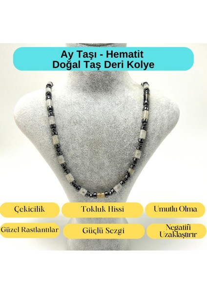 Sertifikalı Ay Taşı ve Hematit Makrome Doğal Taş Kolye 55 - 65 cm Ayarlanabilir Ölçü