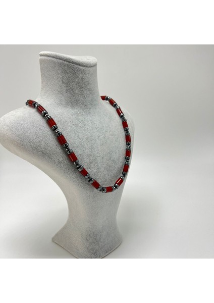 Sertifikalı Kırmızı Jasper ve Hematit Makrome Doğal Taş Kolye 55 - 65 cm Ayarlanabilir Ölçü modelleri
