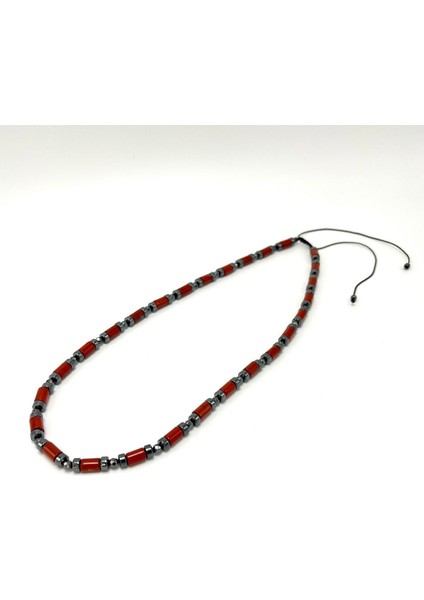 Sertifikalı Kırmızı Jasper ve Hematit Makrome Doğal Taş Kolye 55 - 65 cm Ayarlanabilir Ölçü fırsatları
