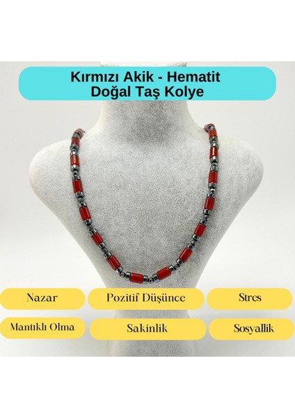 Sertifikalı Kırmızı Akik ve Hematit Makrome Doğal Taş Kolye 55 - 65 cm Ayarlanabilir Ölçü