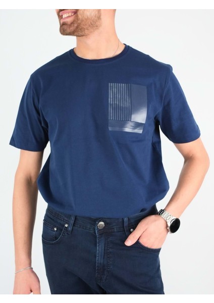 Sıfır Yaka Bisiklet Yaka Penye Likralı Lacivert Erkek Tshirt