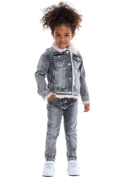 Kız Çocuk Denim Pamuk Astarlı Mont Pantolon 2 Li Takım