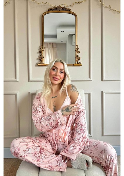 Pembe Flore Exclusive Örme Sabahlıklı Kadın Pijama Takımı