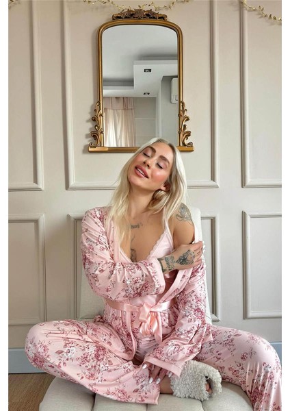 Pembe Flore Exclusive Örme Sabahlıklı Kadın Pijama Takımı