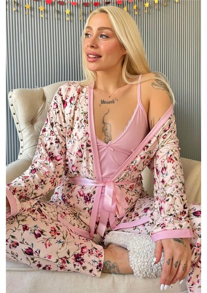 Açık Pembe Flore Exclusive Örme Sabahlıklı Kadın Pijama Takımı