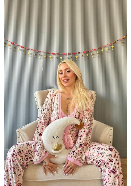 Açık Pembe Flore Exclusive Örme Sabahlıklı Kadın Pijama Takımı