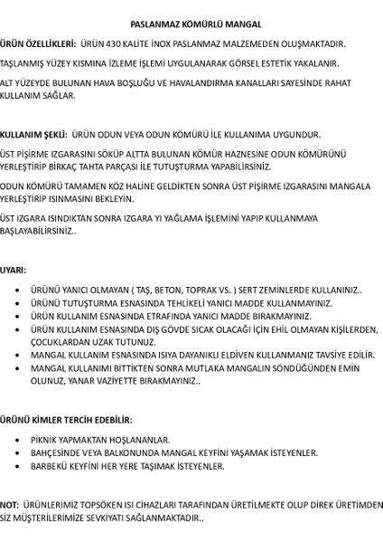 Paslanmaz Kömürlü Mangal 40 x 80 Bacalı Kapaklı Barbekü