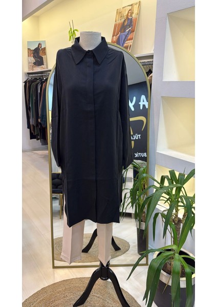 Invee 7094 Gizli Patlı Geniş Kesim Modal Gömlek Siyah