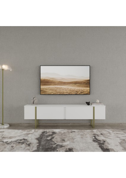 Breda 2 Kapaklı Metal Ayakı Tv Sehpası - Beyaz / Gold