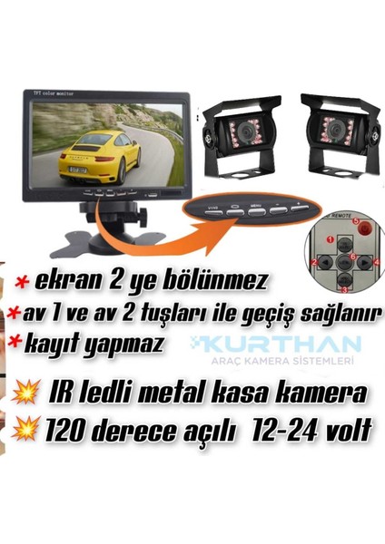 Traktör Biçerdöver 7 Inç Monitör Çift Kamera Sistemi Kayıt Yapmaz 12 - 24 Volt (Twogo ) modelleri