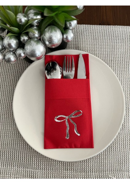 Gümüş Yaldızlı Kırmızı Cepli Fiyonk Peçete 12 Adet