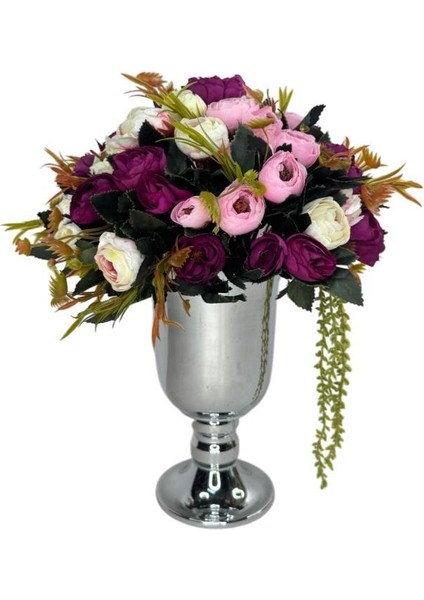 Yapay Çiçek Aranjmanı Metal Gümüş Vazolu Renkli Erengüller Masa Üstü Çiçeği Arajman