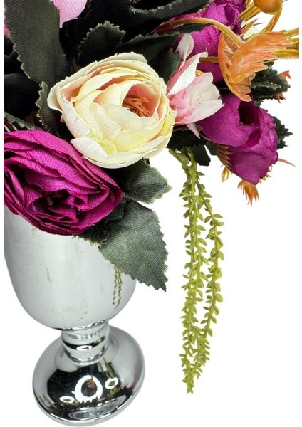 Yapay Çiçek Aranjmanı Metal Gümüş Vazolu Renkli Erengüller Masa Üstü Çiçeği Arajman fiyatları