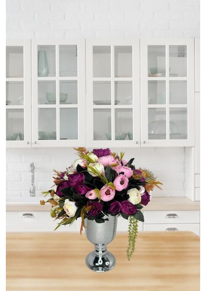 Yapay Çiçek Aranjmanı Metal Gümüş Vazolu Renkli Erengüller Masa Üstü Çiçeği Arajman modelleri