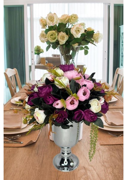 Yapay Çiçek Aranjmanı Metal Gümüş Vazolu Renkli Erengüller Masa Üstü Çiçeği Arajman fırsatları