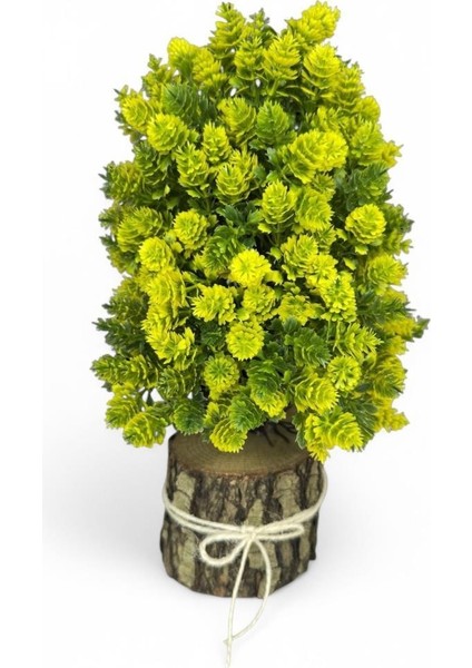 Yapay Çiçek Bonsai Ağacı Sarı Kozalaklı Kütük Saksıda Dekoratif Yapay Ağaç Bonzai 30*15 cm