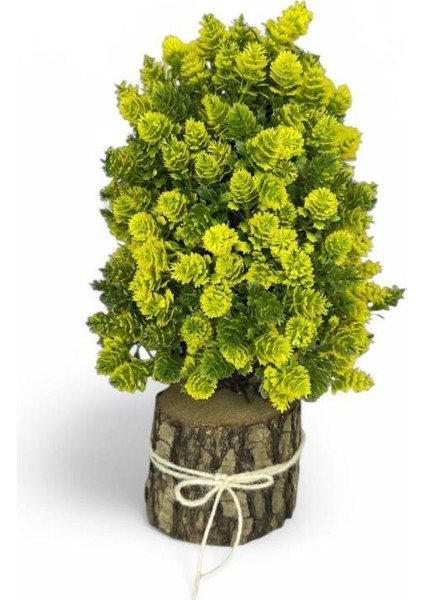 Yapay Çiçek Bonsai Ağacı Sarı Kozalaklı Kütük Saksıda Dekoratif Yapay Ağaç Bonzai 30*15 cm