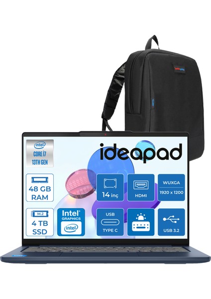 Ideapad Slim 5 14IRH10 Intel Core I7 13620H 48GB Ddr5 4tb SSD 14" Wuxga (1920X1200) OLED 400NITS Freedos Taşınabilir Bilgisayar 83HR004CTRF20 + Zetta Çanta