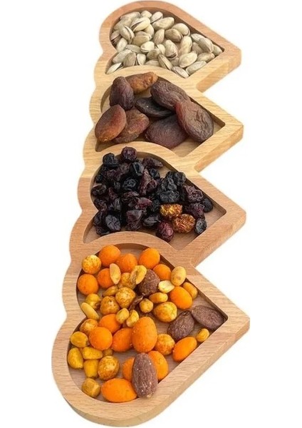 Kayın Ahşap 4'lü Kalpli Çerezlik - Çerez Tabağı - Sunumluk Tabak - Ahşap