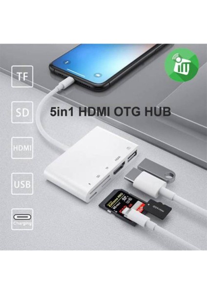 Polham Apple Ipad ve Iphone Için Lightning 5in1 Hdmı, Otg Usb, Tf, Sd Kart Okuyucu Adaptör Kablosu