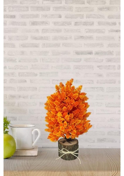 Yapay Çiçek Bonsai Ağacı Turuncu Kozalaklı Kütük Saksıda Dekoratif Yapay Ağaç Bonzai 30*15 cm