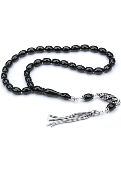 Oltu Taşı Beyzi Kesim Gümüş Püsküllü Oltu Taşı Tespih