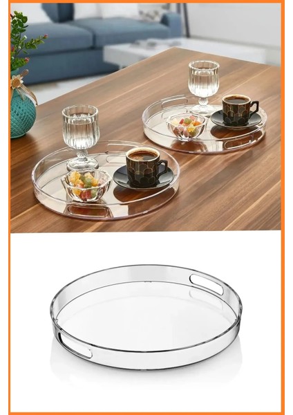 Yuvarlak Dekoratif Sunumluk Pleksi Tepsi, Şeffaf Ikramlık Tepsi, Servis Düzenleyici Organizer Tepsi, Çap 27CM