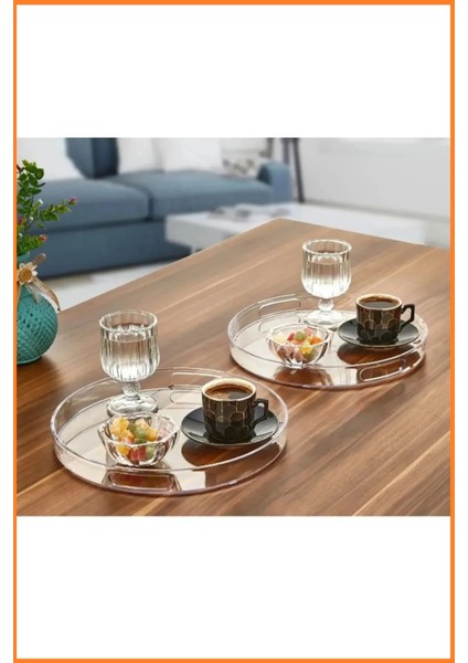 Yuvarlak Dekoratif Sunumluk Pleksi Tepsi, Şeffaf Ikramlık Tepsi, Servis Düzenleyici Organizer Tepsi, Çap 27CM