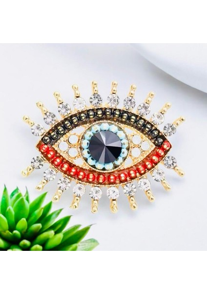 Mercan Taşlı Altın Renk Zirkon Taşlı Tasarım Nazar Göz Broş