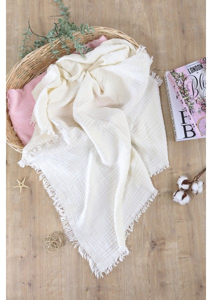 Kız Erkek Bebek Krem 4 Katlı Püsküllü Müslin Kundak Battaniye 110 cm STL6956