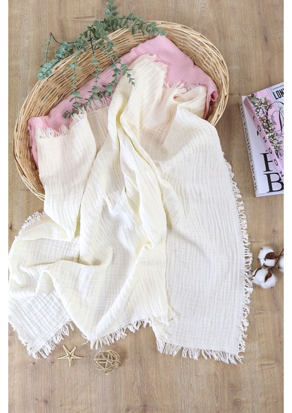 Kız Erkek Bebek Krem 4 Katlı Püsküllü Müslin Kundak Battaniye 110 cm STL6956 modelleri