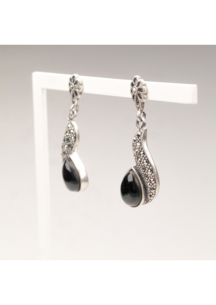 Markazit Taşlı Gümüş Damla Oltu Taşlı Küpe