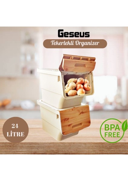 Motek Patateslik Soğanlık Sepeti , Oyuncak Kutusu , Sebzelik Tekerlekli Organızer Çok Amaçlı Kutu 2X12LT-BAMBU+KREM