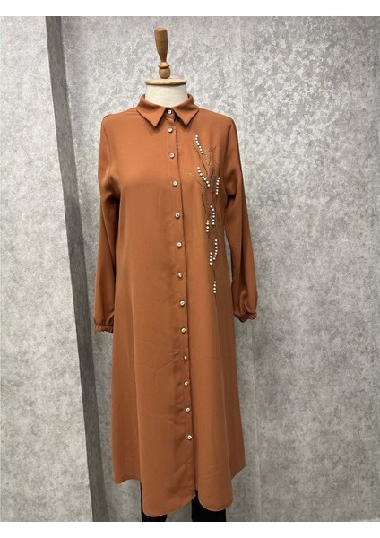 25Y9157 Tunik Incili Taş Baskılı Önü Düğmeli Uzun - Qeten - 25Y9157 - Somon - 46